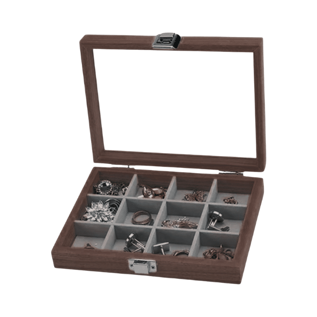 Wooden Box and Box for Ring Organization Jewelry Accessories - Glass Cover Divider -12 Box -(21 * 16cm) -Brown