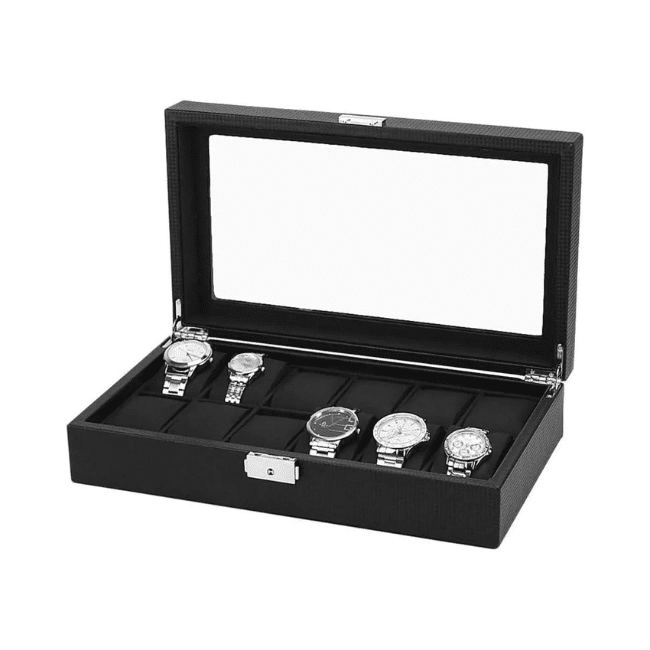 Luxury Carbon Fiber Leather Watch Box -Watch Display Case Holder Storage Organizer Jewelry Display- 12 Slots-Black Color
