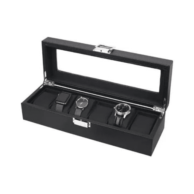Luxury Carbon Fiber Leather Watch Box -Watch Display Case Holder Storage Organizer Jewelry Display- 6 Slots-Black Color