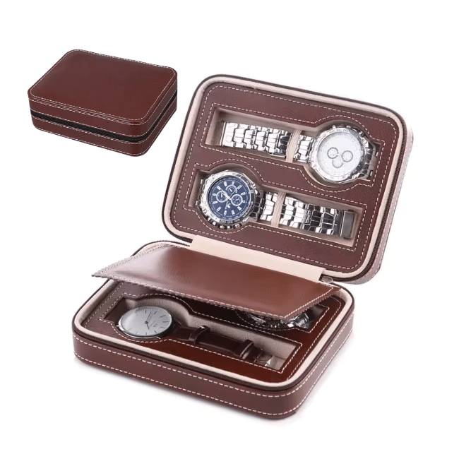 Watch Wallet Portable Travel Zipper Case (Brown) With 4 Slot