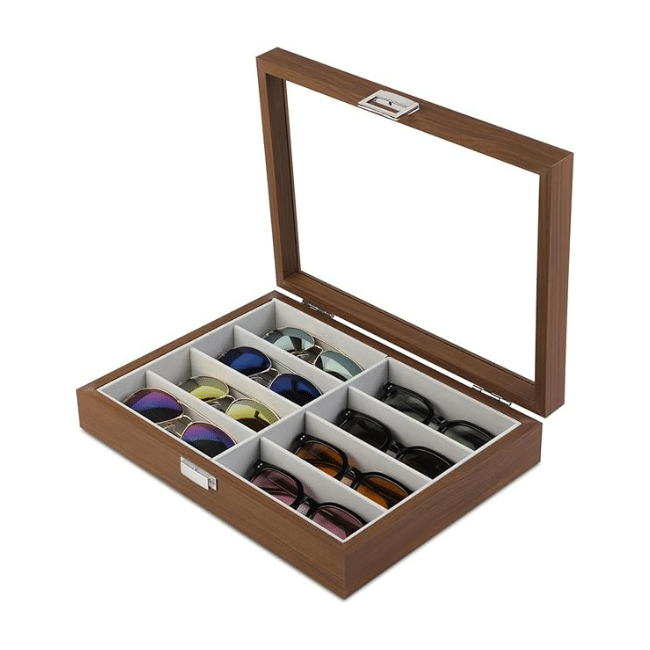Sunglasses Organizer Wooden Storage Box 8 Slots Organizer and Display Case (grey inside)