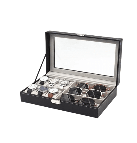 Leather Watch & Glasses Box Organizer 6 Slots For Watches And 3 Slots For Glasses
