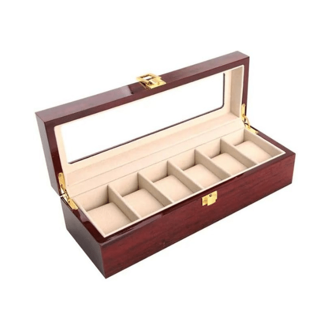 Wooden Watch Box -Watch Display Case Holder Storage Organizer Jewelry Display- 6 Slots-Dark Red Color