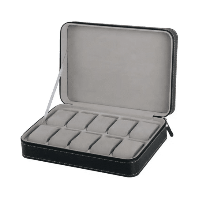 Watch Box Portable Travel Zipper Case Collector Storage Jewelry Storage Box(Black)-PU Leather 12 Slot